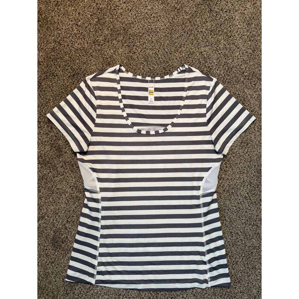 Lolë Women's Striped Scoop Neck Athletic Top, Gray and White, Size Medium